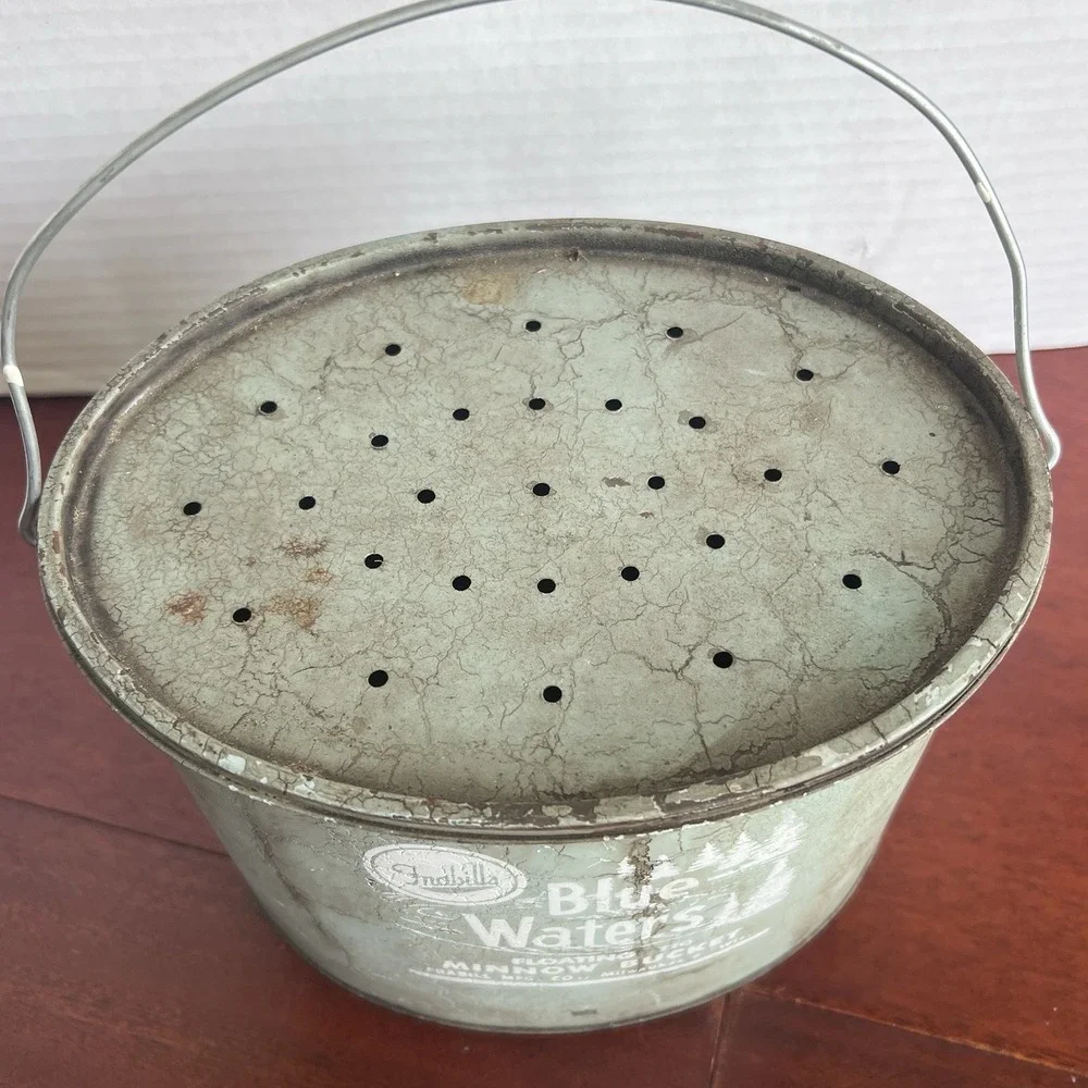 VTG Frabill Blue Waters Floating 220 Oval Metal Minnow Bucket Cabin Decor USA